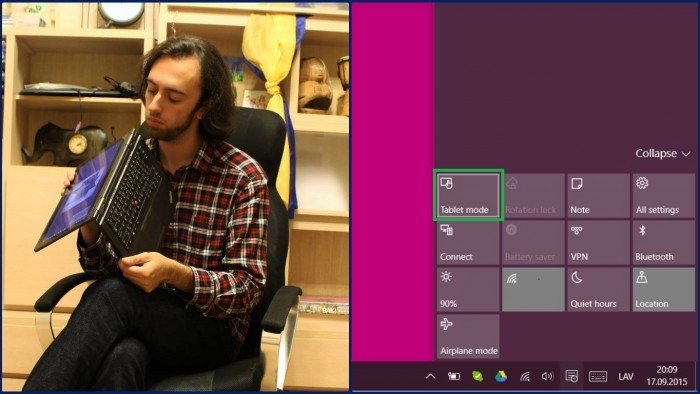 Tagad ir populāras hibrīdierīces, kuras ir vienlaicīgi gan portatīvs dators, gan planšete. Portatīvs dators Lenovo ThinkPad Yoga, kuru man iedeva Microsoft Latvia, ar vieglu kustību pāvēršas par planšeti. Windows 10 ir pārslēgšanas funkcija starp standart režīmu un planšetes režīmu- ļoti ērti un neaizstājami mūsdienu hibrīdierīcēm