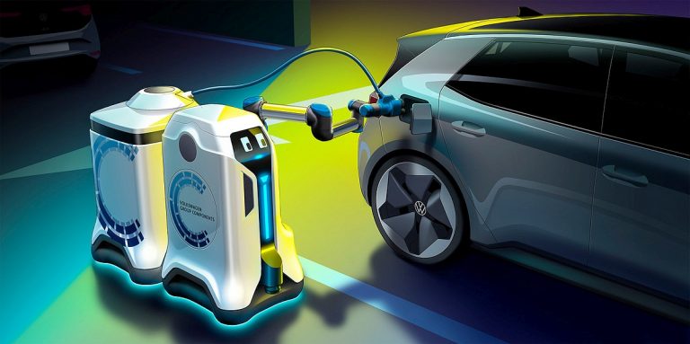 VW prototipa uzlādes robots pats atradīs lādējamo automašīnu