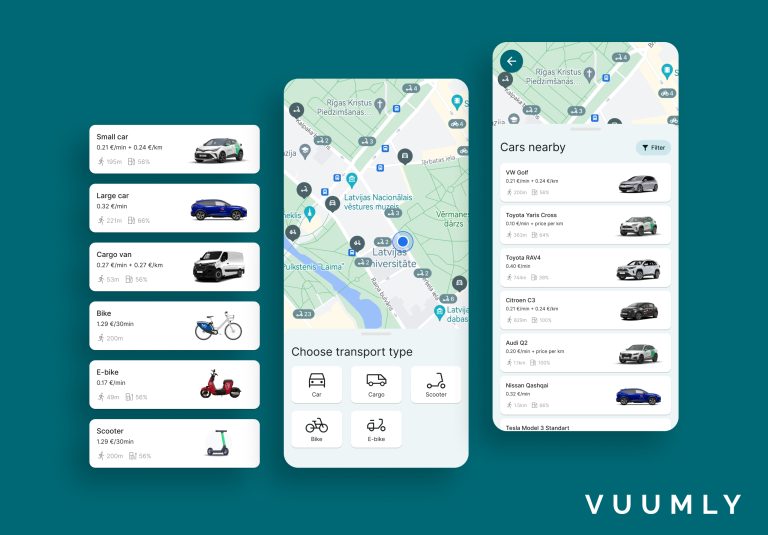 Meklē koplietošanas auto vai skūteri VUUMLY lietotnē